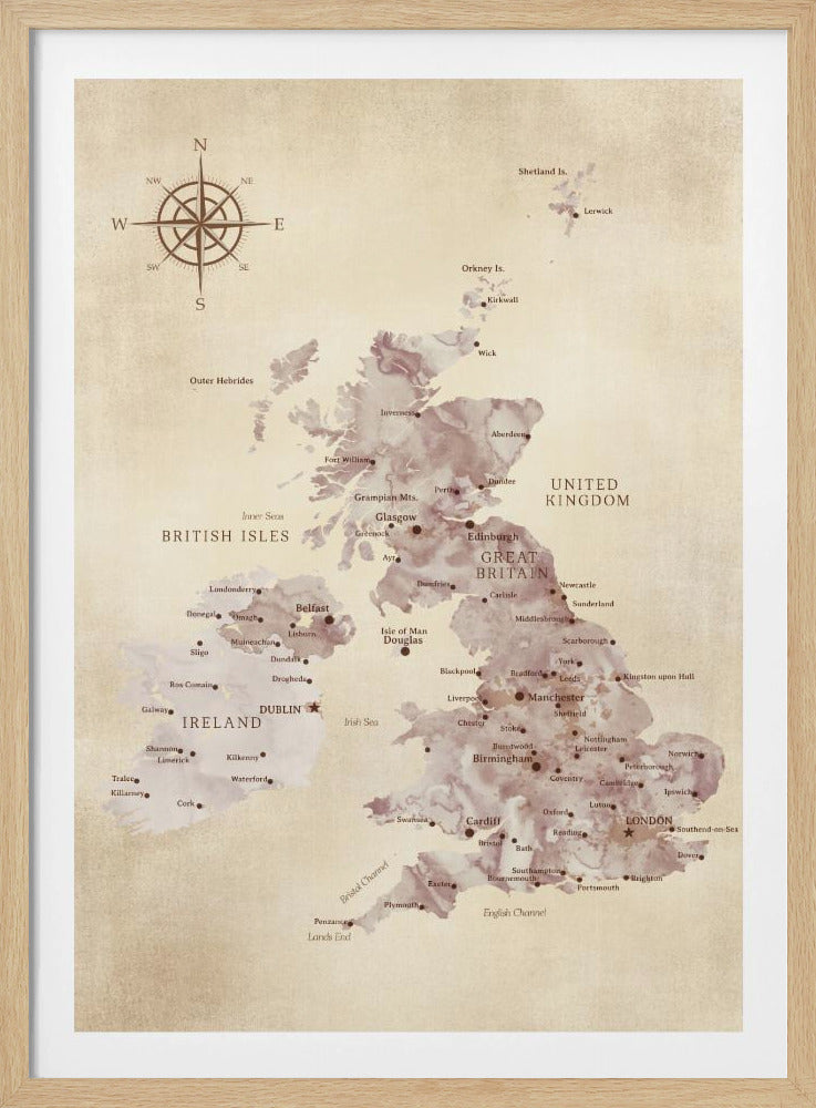 A vintage-style map of the British Isles, including Great Britain and Ireland, presented in a black frame. The map has a textured, parchment-like background, with the landmasses depicted in a muted, purple-brown watercolor effect. Major cities are labeled in a classic font, and a compass rose is featured in the upper left corner. Artwork