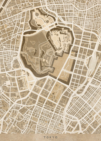 A vintage-style, framed map of Tokyo, Japan, in shades of brown and beige. The map showcases the city's intricate street grid with a focus on a central fortified area, likely the Imperial Palace. The words 'TOKYO' and 'JAPAN' are written at the bottom. Print