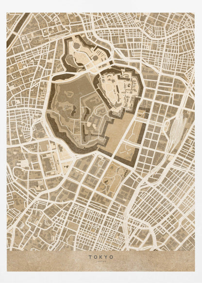 A vintage-style, framed map of Tokyo, Japan, in shades of brown and beige. The map showcases the city's intricate street grid with a focus on a central fortified area, likely the Imperial Palace. The words 'TOKYO' and 'JAPAN' are written at the bottom. Print