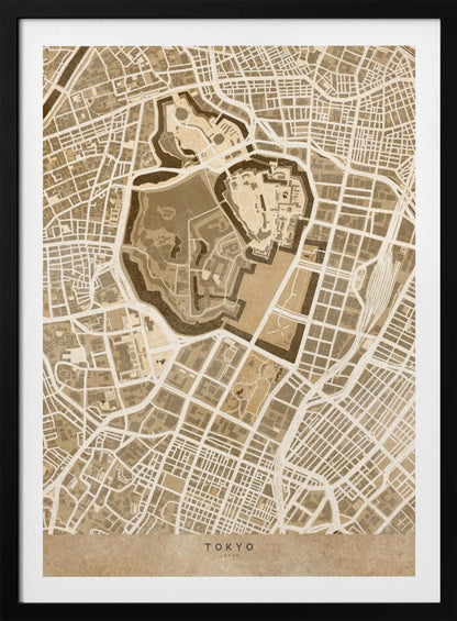 A vintage-style, framed map of Tokyo, Japan, in shades of brown and beige. The map showcases the city's intricate street grid with a focus on a central fortified area, likely the Imperial Palace. The words 'TOKYO' and 'JAPAN' are written at the bottom. Print