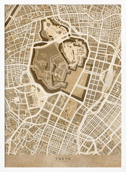 A vintage-style, framed map of Tokyo, Japan, in shades of brown and beige. The map showcases the city's intricate street grid with a focus on a central fortified area, likely the Imperial Palace. The words 'TOKYO' and 'JAPAN' are written at the bottom. Print
