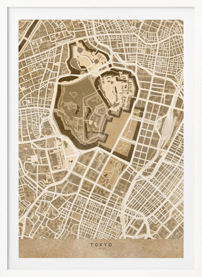 A vintage-style, framed map of Tokyo, Japan, in shades of brown and beige. The map showcases the city's intricate street grid with a focus on a central fortified area, likely the Imperial Palace. The words 'TOKYO' and 'JAPAN' are written at the bottom. Print