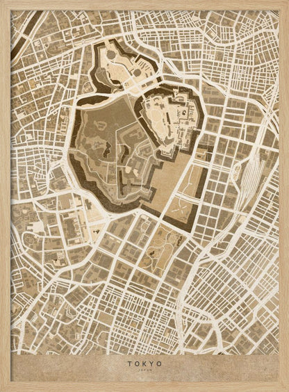 A vintage-style, framed map of Tokyo, Japan, in shades of brown and beige. The map showcases the city's intricate street grid with a focus on a central fortified area, likely the Imperial Palace. The words 'TOKYO' and 'JAPAN' are written at the bottom. Print