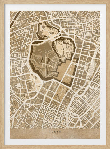 A vintage-style, framed map of Tokyo, Japan, in shades of brown and beige. The map showcases the city's intricate street grid with a focus on a central fortified area, likely the Imperial Palace. The words 'TOKYO' and 'JAPAN' are written at the bottom. Print