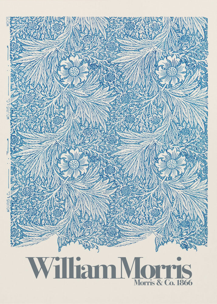 A framed art print of a William Morris design featuring an intricate, repeating floral and foliage pattern in blue on a white background. Below the pattern, the text 'William Morris' and 'Morris & Co. 1866' is printed in grey against a cream-colored border. Artwork