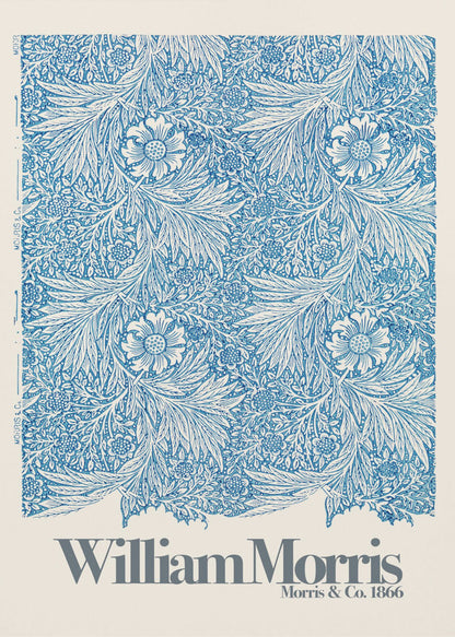 A framed art print of a William Morris design featuring an intricate, repeating floral and foliage pattern in blue on a white background. Below the pattern, the text 'William Morris' and 'Morris & Co. 1866' is printed in grey against a cream-colored border. Artwork
