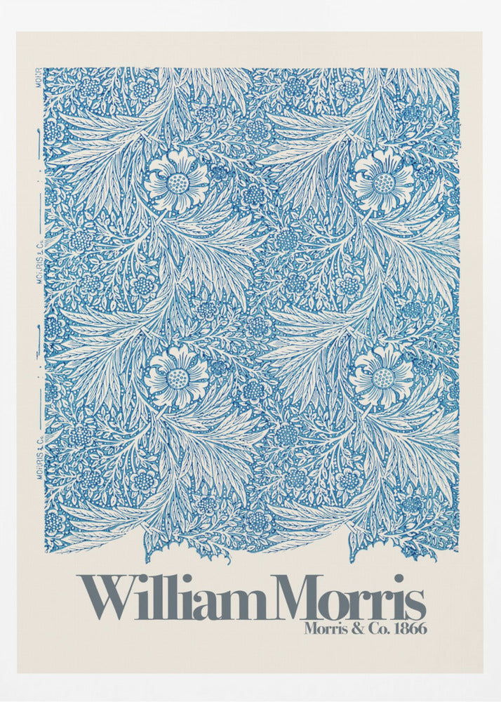 A framed art print of a William Morris design featuring an intricate, repeating floral and foliage pattern in blue on a white background. Below the pattern, the text 'William Morris' and 'Morris & Co. 1866' is printed in grey against a cream-colored border. Artwork
