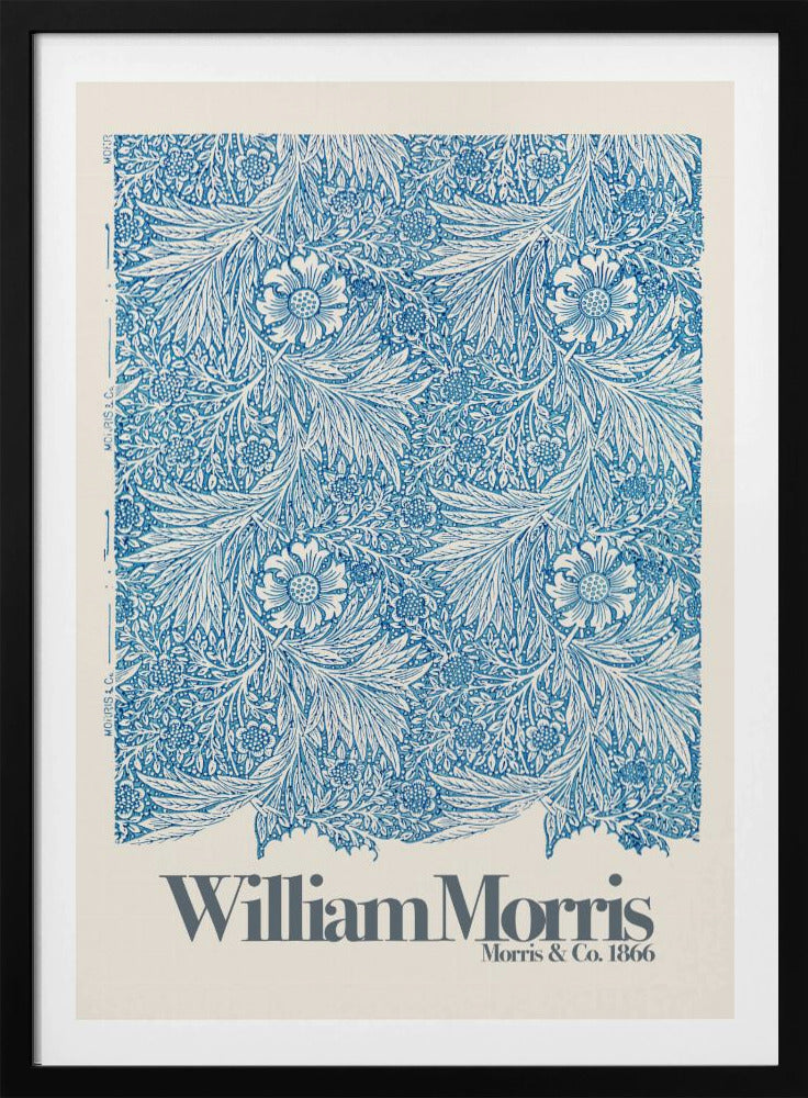 A framed art print of a William Morris design featuring an intricate, repeating floral and foliage pattern in blue on a white background. Below the pattern, the text 'William Morris' and 'Morris & Co. 1866' is printed in grey against a cream-colored border. Artwork