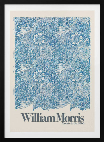 A framed art print of a William Morris design featuring an intricate, repeating floral and foliage pattern in blue on a white background. Below the pattern, the text 'William Morris' and 'Morris & Co. 1866' is printed in grey against a cream-colored border. Artwork