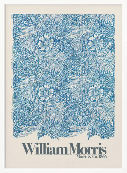 A framed art print of a William Morris design featuring an intricate, repeating floral and foliage pattern in blue on a white background. Below the pattern, the text 'William Morris' and 'Morris & Co. 1866' is printed in grey against a cream-colored border. Artwork
