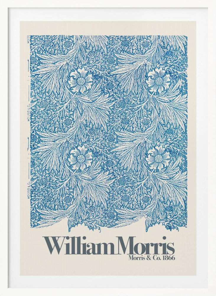 A framed art print of a William Morris design featuring an intricate, repeating floral and foliage pattern in blue on a white background. Below the pattern, the text 'William Morris' and 'Morris & Co. 1866' is printed in grey against a cream-colored border. Artwork