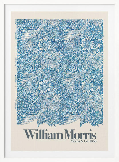 A framed art print of a William Morris design featuring an intricate, repeating floral and foliage pattern in blue on a white background. Below the pattern, the text 'William Morris' and 'Morris & Co. 1866' is printed in grey against a cream-colored border. Artwork