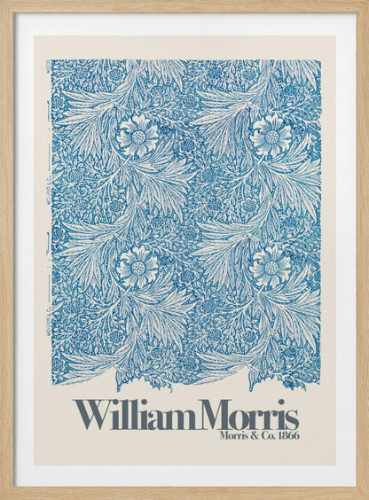 A framed art print of a William Morris design featuring an intricate, repeating floral and foliage pattern in blue on a white background. Below the pattern, the text 'William Morris' and 'Morris & Co. 1866' is printed in grey against a cream-colored border. Artwork