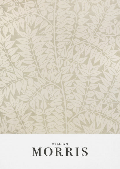 A framed art print by William Morris featuring a dense, repeating pattern of stylized leaves and branches in cream and light sage green. A white border at the bottom displays 'WILLIAM MORRIS' in a black serif font. Artwork