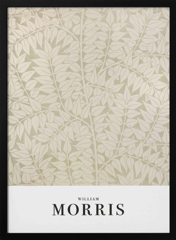 A framed art print by William Morris featuring a dense, repeating pattern of stylized leaves and branches in cream and light sage green. A white border at the bottom displays 'WILLIAM MORRIS' in a black serif font. Artwork