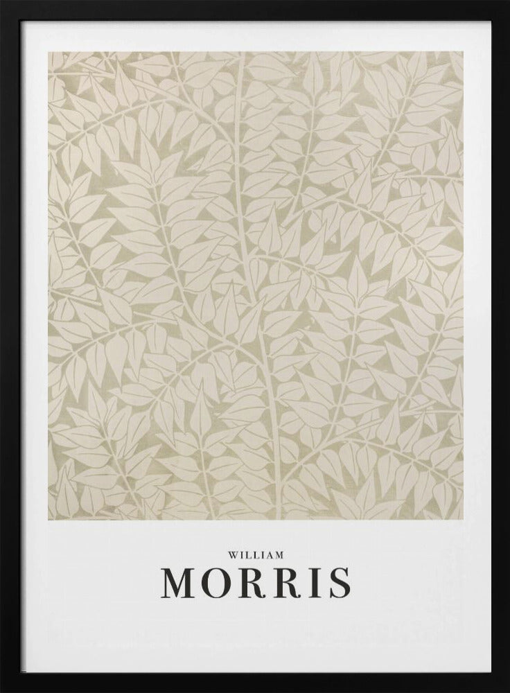 A framed art print by William Morris featuring a dense, repeating pattern of stylized leaves and branches in cream and light sage green. A white border at the bottom displays 'WILLIAM MORRIS' in a black serif font. Artwork