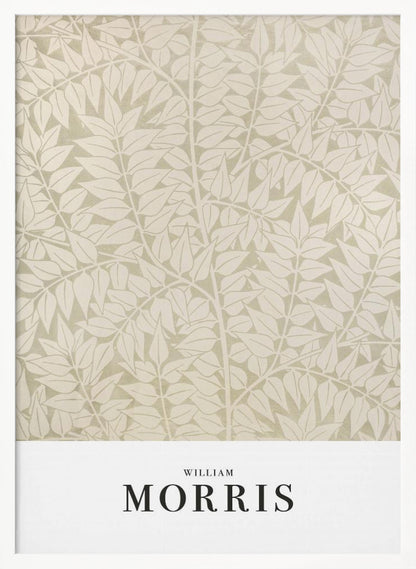 A framed art print by William Morris featuring a dense, repeating pattern of stylized leaves and branches in cream and light sage green. A white border at the bottom displays 'WILLIAM MORRIS' in a black serif font. Artwork