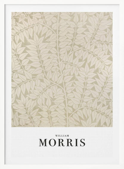 A framed art print by William Morris featuring a dense, repeating pattern of stylized leaves and branches in cream and light sage green. A white border at the bottom displays 'WILLIAM MORRIS' in a black serif font. Artwork