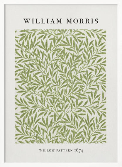 A framed art print of William Morris's 'Willow Pattern 1874'. The print features an intricate, repeating pattern of green willow branches and leaves on an off-white background, with the artist's name and pattern title in black text above and below the design. Print