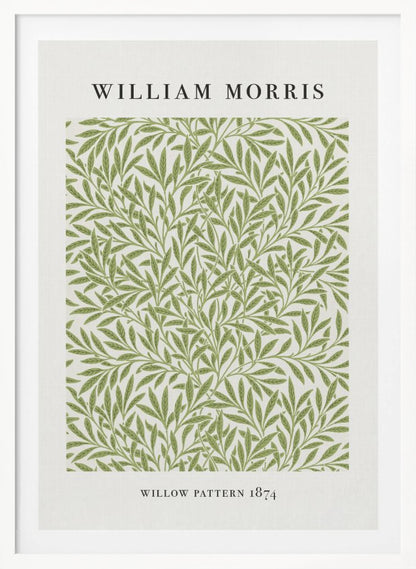 A framed art print of William Morris's 'Willow Pattern 1874'. The print features an intricate, repeating pattern of green willow branches and leaves on an off-white background, with the artist's name and pattern title in black text above and below the design. Print