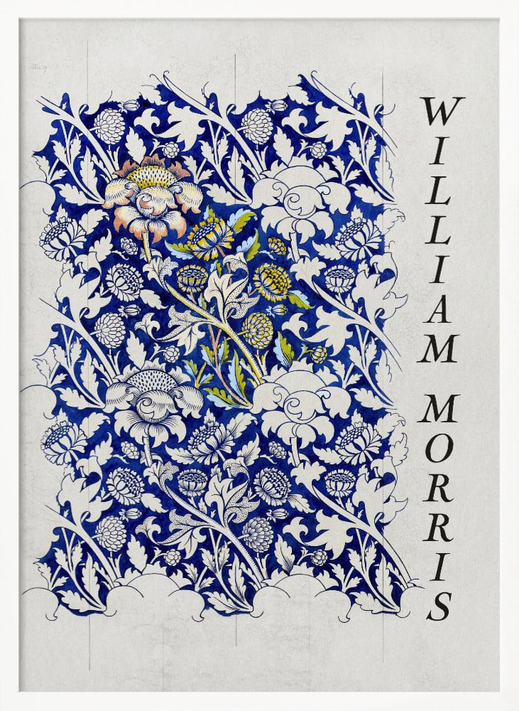 A vintage art print by William Morris featuring an intricate blue and white floral pattern on a light gray, textured background. The design swatch shows stylized flowers and acanthus leaves, with some central flowers highlighted in yellow and peach. The name 'WILLIAM MORRIS' is printed vertically in a black serif font along the right edge. The print is displayed in a thin black frame. Decor