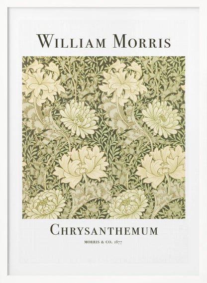A framed art print of William Morris's 'Chrysanthemum' pattern from 1877. The design features a dense, repeating pattern of large, cream-colored chrysanthemums and foliage in shades of sage green on a dark green background. The poster has a white border with the artist's name at the top and the title at the bottom. Print