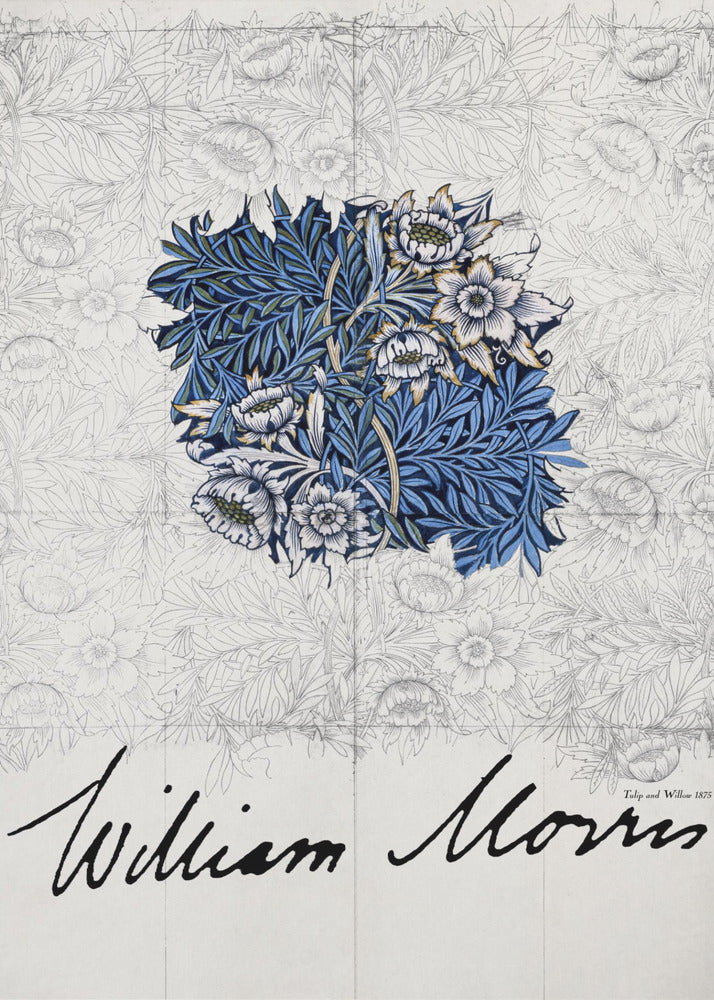 A framed vintage art print by William Morris. The artwork showcases a central colored sample of an intricate blue, white, and gold floral and foliage pattern, laid over a faint grayscale sketch of a similar repeating design. Below, the artist's name 'William Morris' is written in a large, black, cursive script. Print