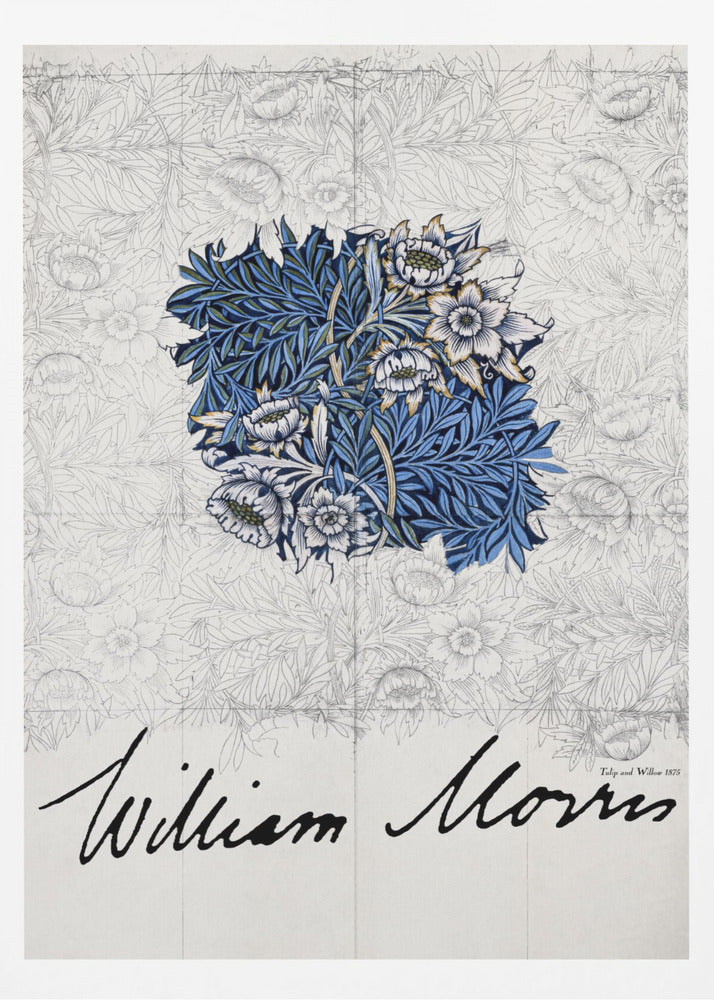 A framed vintage art print by William Morris. The artwork showcases a central colored sample of an intricate blue, white, and gold floral and foliage pattern, laid over a faint grayscale sketch of a similar repeating design. Below, the artist's name 'William Morris' is written in a large, black, cursive script. Print