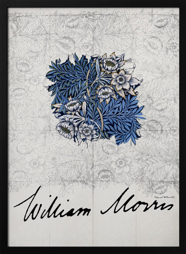 A framed vintage art print by William Morris. The artwork showcases a central colored sample of an intricate blue, white, and gold floral and foliage pattern, laid over a faint grayscale sketch of a similar repeating design. Below, the artist's name 'William Morris' is written in a large, black, cursive script. Print