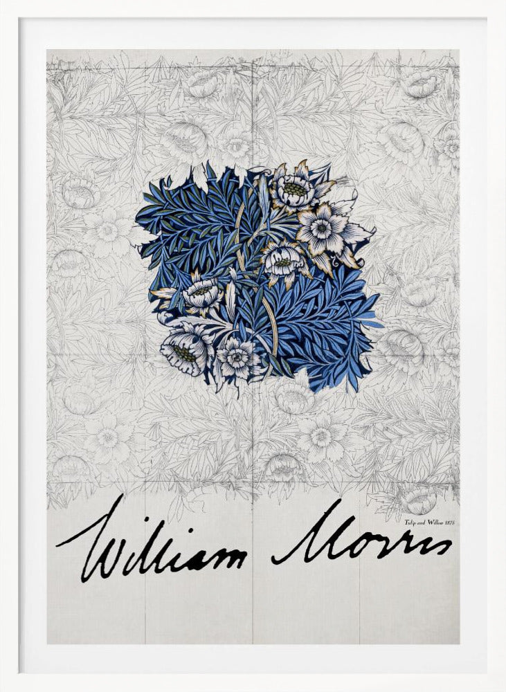 A framed vintage art print by William Morris. The artwork showcases a central colored sample of an intricate blue, white, and gold floral and foliage pattern, laid over a faint grayscale sketch of a similar repeating design. Below, the artist's name 'William Morris' is written in a large, black, cursive script. Print