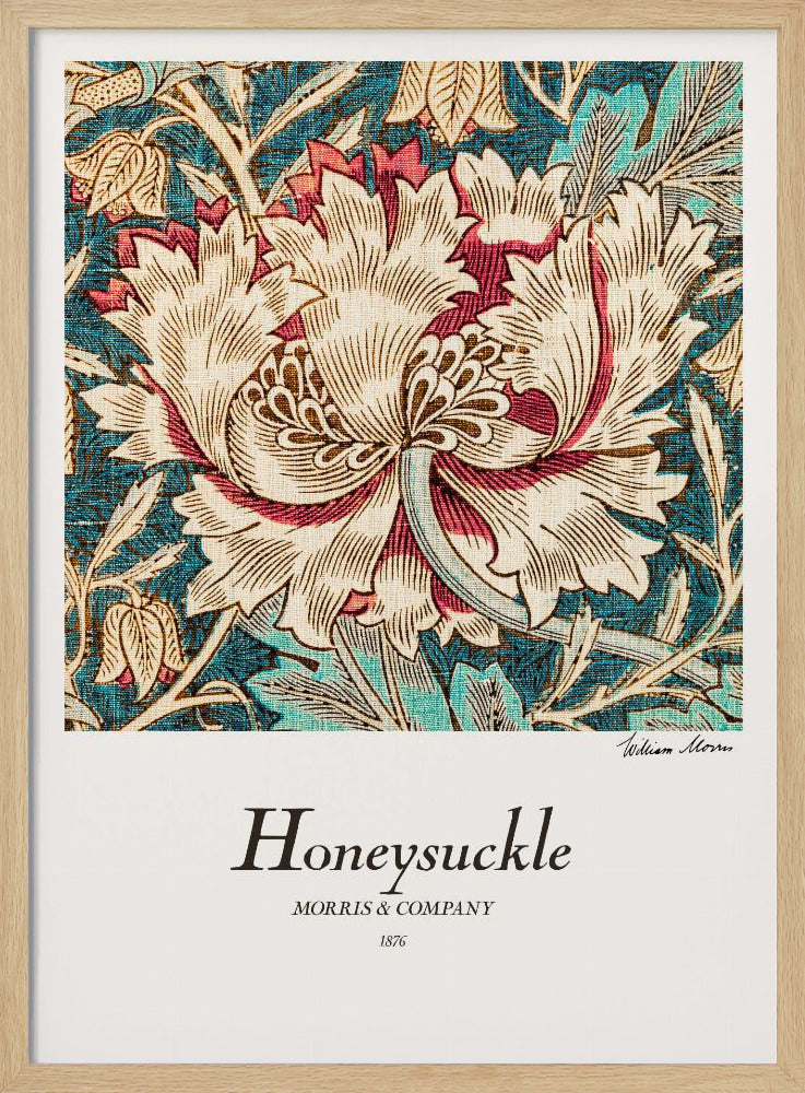 A vintage art print by William Morris titled 'Honeysuckle' from 1876. The design features a large, stylized cream and red honeysuckle flower on a detailed background of teal leaves and smaller tan flowers. The poster has a white border with text and is in a black frame. Wall Art