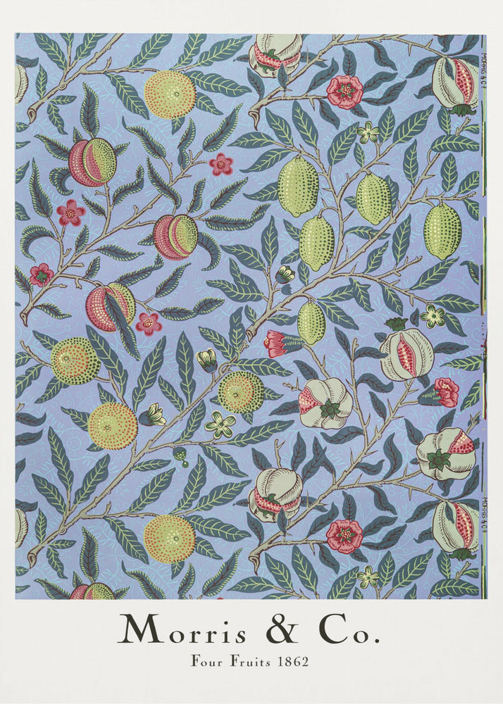 A framed art print of the 'Four Fruits 1862' pattern by Morris & Co. The intricate botanical design features various fruits like lemons, pomegranates, and oranges, along with red and yellow flowers, all intertwined on branches with dark green leaves against a light blue background. Poster