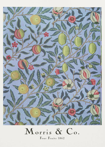 A framed art print of the 'Four Fruits 1862' pattern by Morris & Co. The intricate botanical design features various fruits like lemons, pomegranates, and oranges, along with red and yellow flowers, all intertwined on branches with dark green leaves against a light blue background. Poster