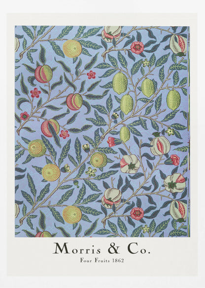 A framed art print of the 'Four Fruits 1862' pattern by Morris & Co. The intricate botanical design features various fruits like lemons, pomegranates, and oranges, along with red and yellow flowers, all intertwined on branches with dark green leaves against a light blue background. Poster