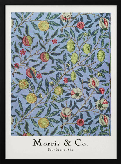 A framed art print of the 'Four Fruits 1862' pattern by Morris & Co. The intricate botanical design features various fruits like lemons, pomegranates, and oranges, along with red and yellow flowers, all intertwined on branches with dark green leaves against a light blue background. Poster