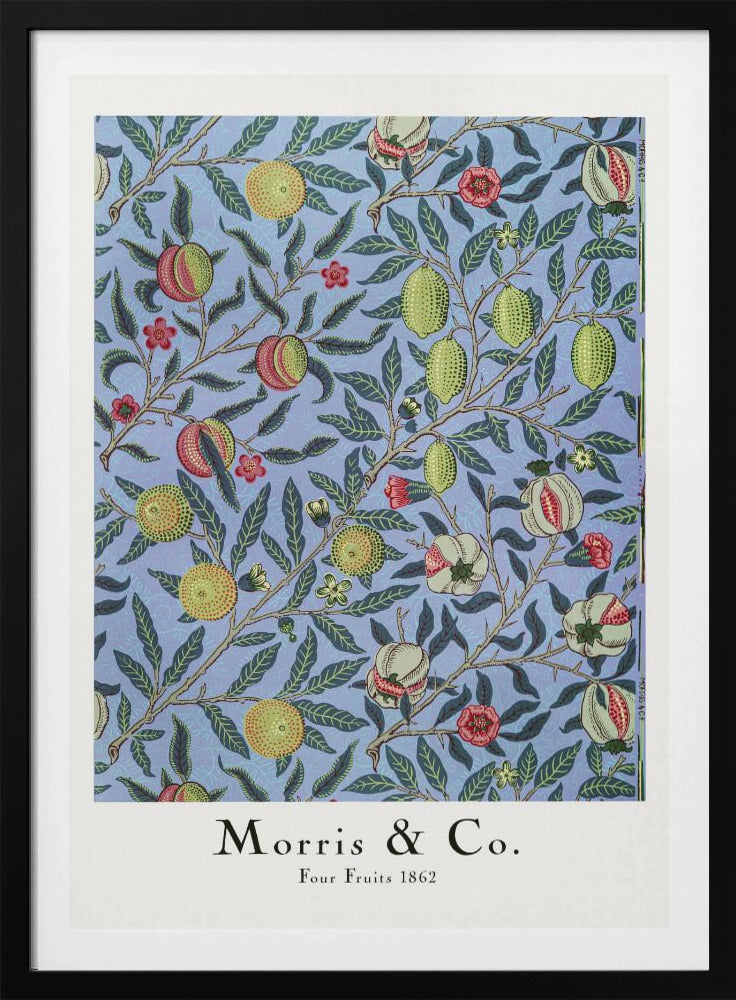 A framed art print of the 'Four Fruits 1862' pattern by Morris & Co. The intricate botanical design features various fruits like lemons, pomegranates, and oranges, along with red and yellow flowers, all intertwined on branches with dark green leaves against a light blue background. Poster