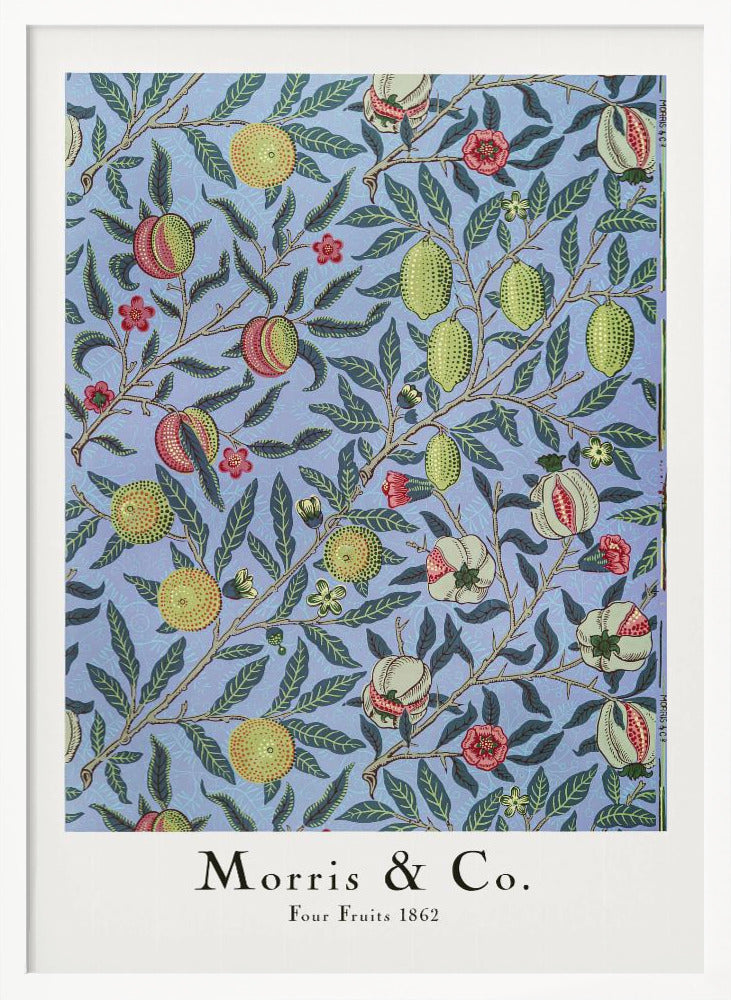 A framed art print of the 'Four Fruits 1862' pattern by Morris & Co. The intricate botanical design features various fruits like lemons, pomegranates, and oranges, along with red and yellow flowers, all intertwined on branches with dark green leaves against a light blue background. Poster