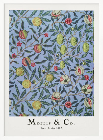 A framed art print of the 'Four Fruits 1862' pattern by Morris & Co. The intricate botanical design features various fruits like lemons, pomegranates, and oranges, along with red and yellow flowers, all intertwined on branches with dark green leaves against a light blue background. Poster