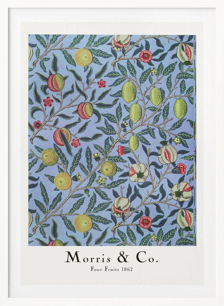A framed art print of the 'Four Fruits 1862' pattern by Morris & Co. The intricate botanical design features various fruits like lemons, pomegranates, and oranges, along with red and yellow flowers, all intertwined on branches with dark green leaves against a light blue background. Poster