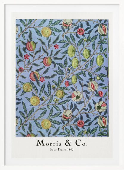 A framed art print of the 'Four Fruits 1862' pattern by Morris & Co. The intricate botanical design features various fruits like lemons, pomegranates, and oranges, along with red and yellow flowers, all intertwined on branches with dark green leaves against a light blue background. Poster