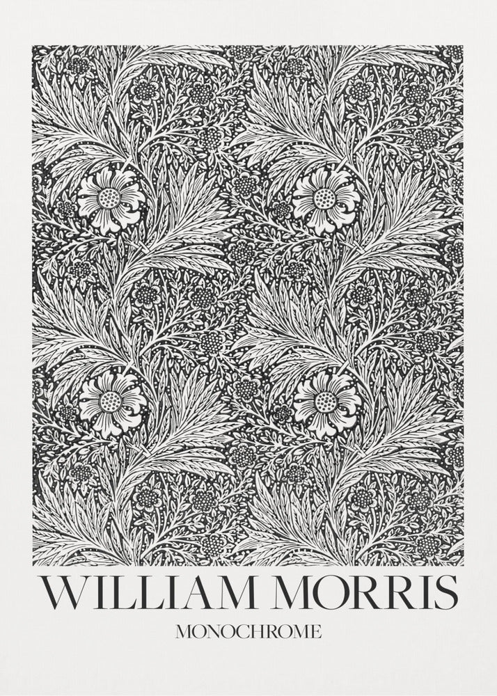A framed art print featuring a classic William Morris pattern in monochrome. The intricate black and white design is filled with dense, swirling foliage and stylized flowers. The artwork has a white border, and at the bottom, the text 'WILLIAM MORRIS' is displayed prominently, with 'MONOCHROME' written underneath in a smaller font. Artwork