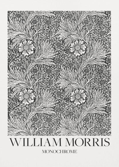 A framed art print featuring a classic William Morris pattern in monochrome. The intricate black and white design is filled with dense, swirling foliage and stylized flowers. The artwork has a white border, and at the bottom, the text 'WILLIAM MORRIS' is displayed prominently, with 'MONOCHROME' written underneath in a smaller font. Artwork