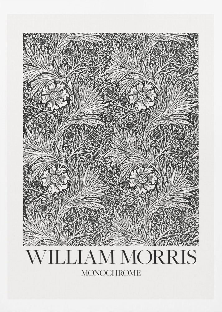 A framed art print featuring a classic William Morris pattern in monochrome. The intricate black and white design is filled with dense, swirling foliage and stylized flowers. The artwork has a white border, and at the bottom, the text 'WILLIAM MORRIS' is displayed prominently, with 'MONOCHROME' written underneath in a smaller font. Artwork