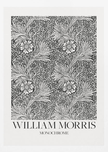 A framed art print featuring a classic William Morris pattern in monochrome. The intricate black and white design is filled with dense, swirling foliage and stylized flowers. The artwork has a white border, and at the bottom, the text 'WILLIAM MORRIS' is displayed prominently, with 'MONOCHROME' written underneath in a smaller font. Artwork