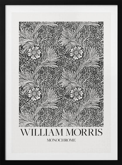 A framed art print featuring a classic William Morris pattern in monochrome. The intricate black and white design is filled with dense, swirling foliage and stylized flowers. The artwork has a white border, and at the bottom, the text 'WILLIAM MORRIS' is displayed prominently, with 'MONOCHROME' written underneath in a smaller font. Artwork