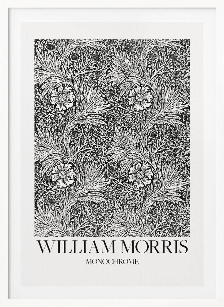 A framed art print featuring a classic William Morris pattern in monochrome. The intricate black and white design is filled with dense, swirling foliage and stylized flowers. The artwork has a white border, and at the bottom, the text 'WILLIAM MORRIS' is displayed prominently, with 'MONOCHROME' written underneath in a smaller font. Artwork