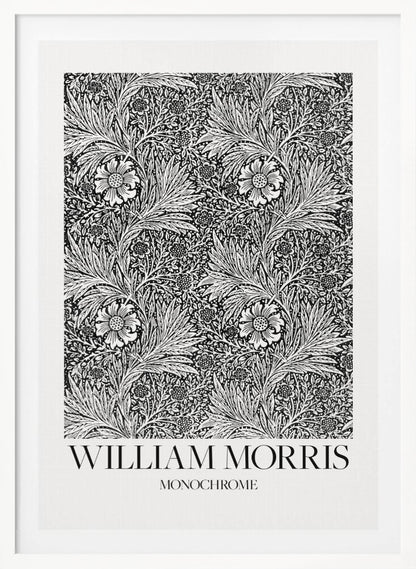 A framed art print featuring a classic William Morris pattern in monochrome. The intricate black and white design is filled with dense, swirling foliage and stylized flowers. The artwork has a white border, and at the bottom, the text 'WILLIAM MORRIS' is displayed prominently, with 'MONOCHROME' written underneath in a smaller font. Artwork