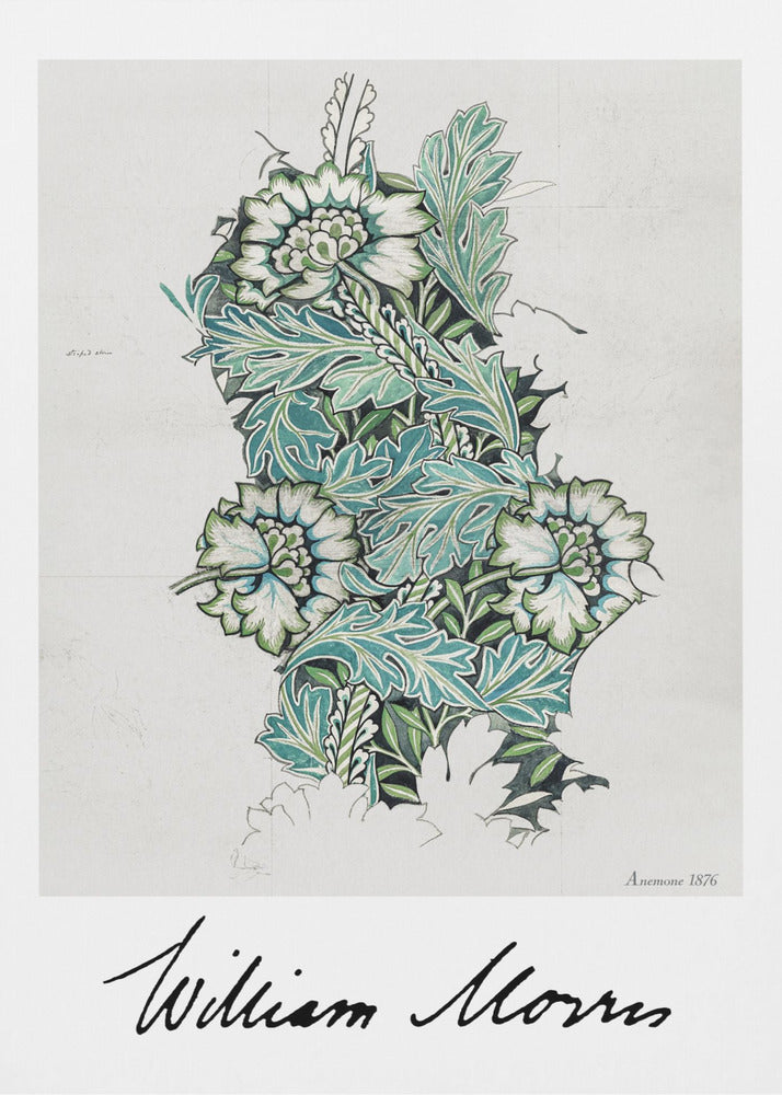 A framed vintage art print by William Morris titled 'Anemone 1876'. The design features a detailed botanical illustration of stylized anemone flowers and acanthus leaves in shades of green, teal, and white on a light grey background. The artist's signature is prominent at the bottom. Decor