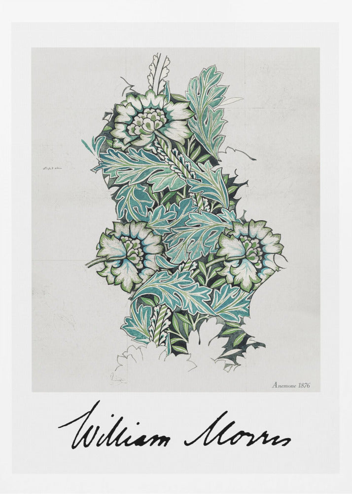 A framed vintage art print by William Morris titled 'Anemone 1876'. The design features a detailed botanical illustration of stylized anemone flowers and acanthus leaves in shades of green, teal, and white on a light grey background. The artist's signature is prominent at the bottom. Decor