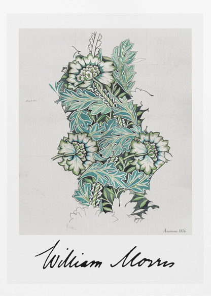 A framed vintage art print by William Morris titled 'Anemone 1876'. The design features a detailed botanical illustration of stylized anemone flowers and acanthus leaves in shades of green, teal, and white on a light grey background. The artist's signature is prominent at the bottom. Decor